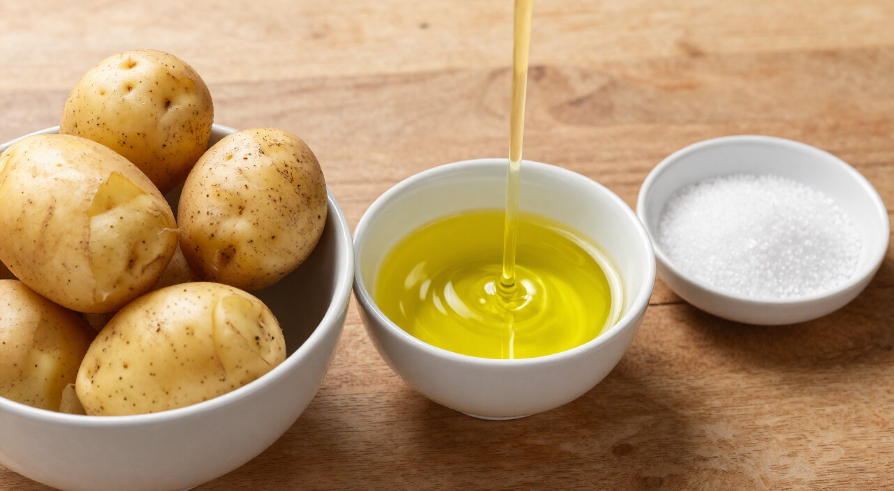 baby Yukon Gold potatoes, olive oil and kosher salt in separate bowls for smashed potatoes