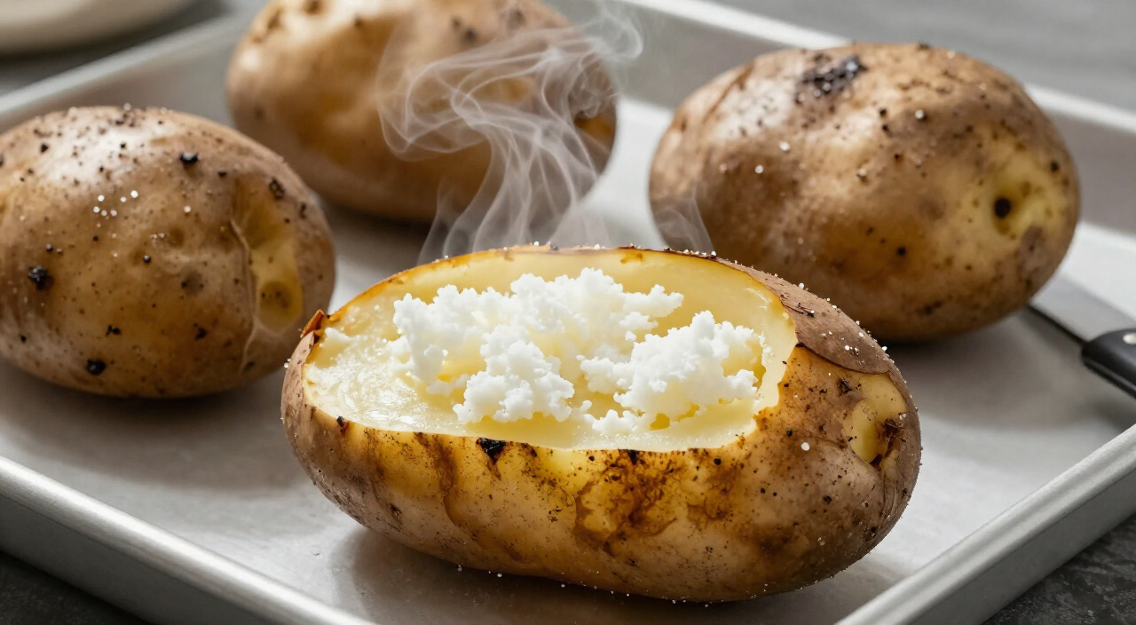 baked potato split open showing a fluffy steaming interior and crisp skin