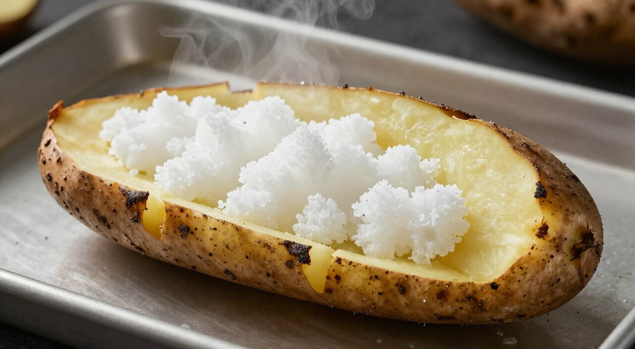 baked russet potato split open with a fluffy, steaming center and crisp salted skin