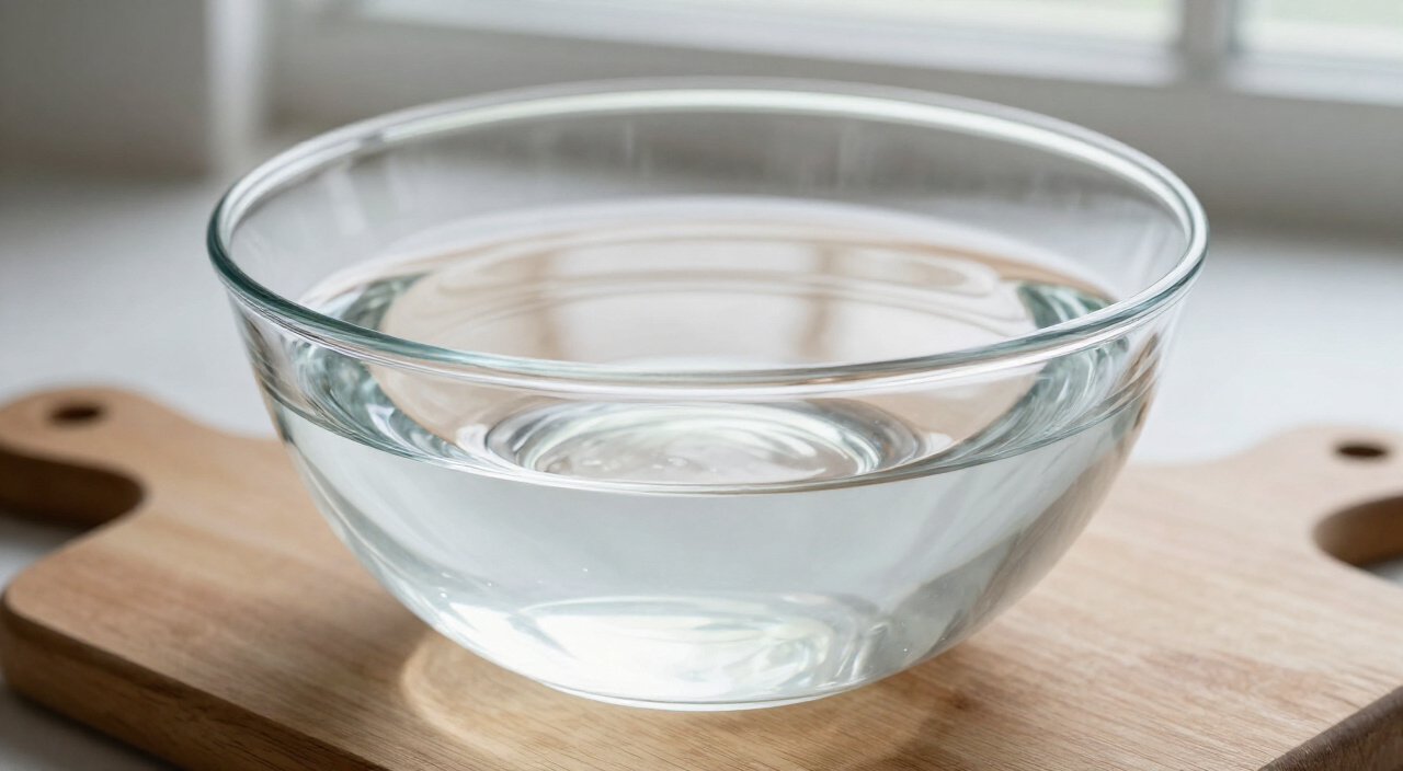 Cold water in a clear glass bowl on a wooden cutting board