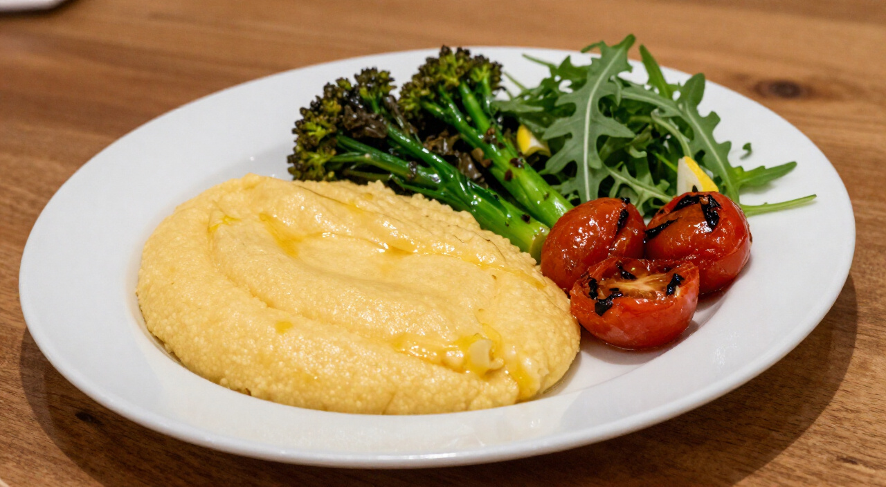 Creamy golden polenta plated with broccolini, roasted cherry tomatoes, collard greens and arugula salad