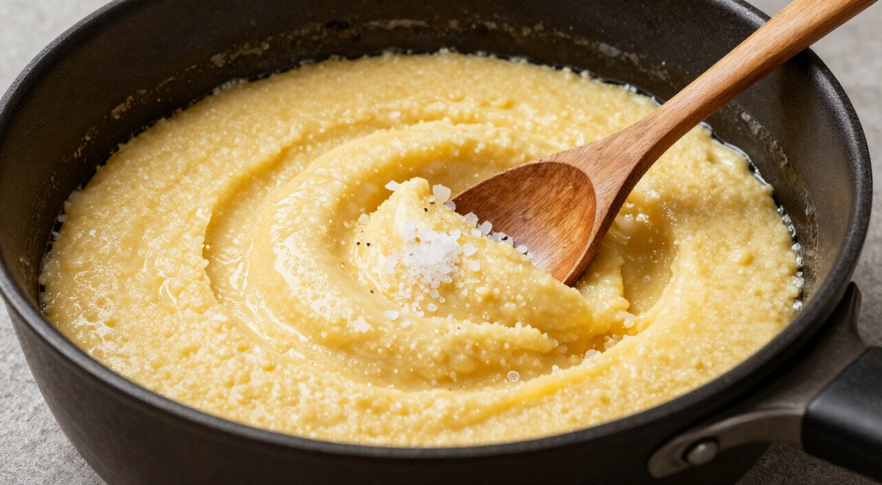 creamy golden polenta in a pot with a pinch of kosher salt on top