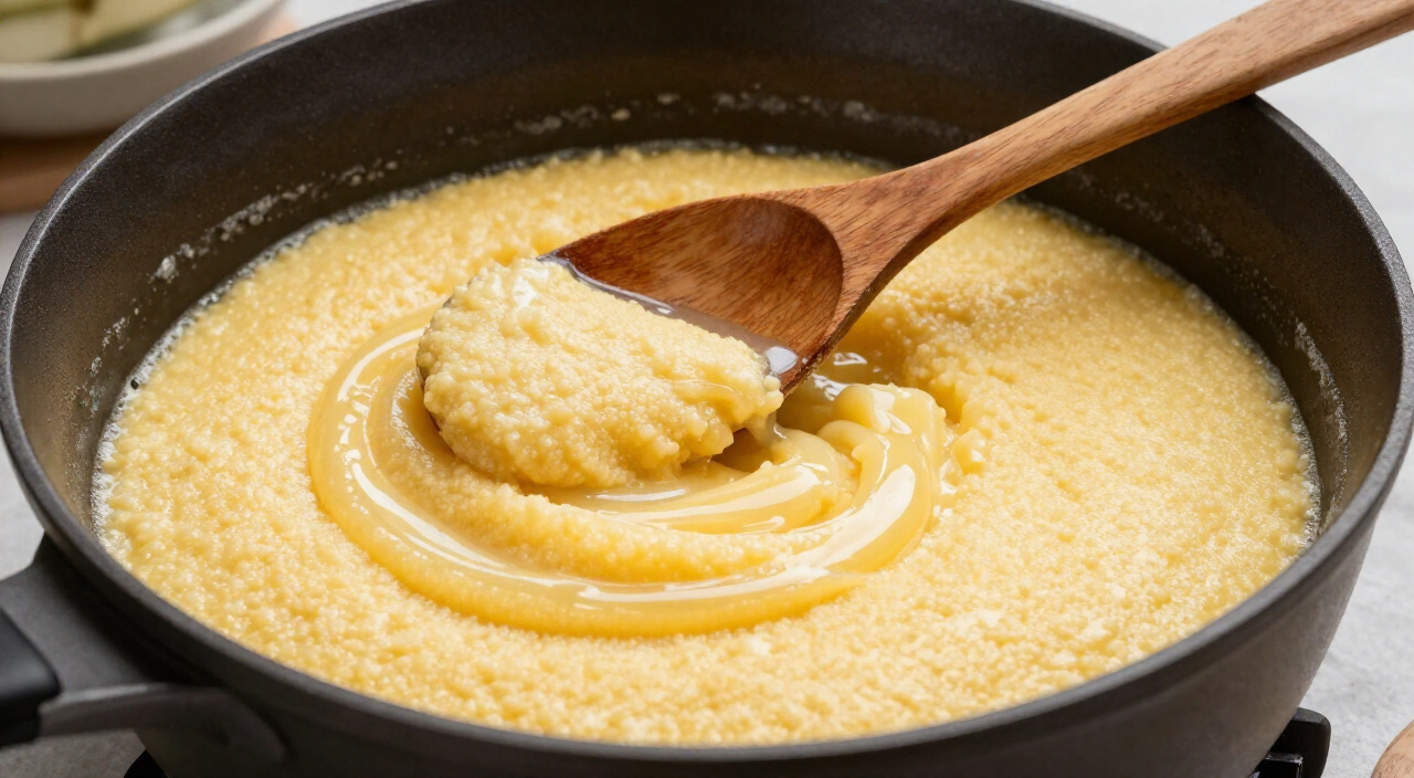 creamy loosened polenta dripping from a wooden spoon into a saucepan