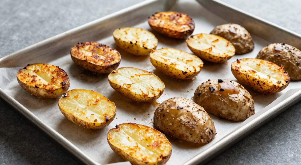 crispy golden-brown roasted smashed potatoes on a baking sheet