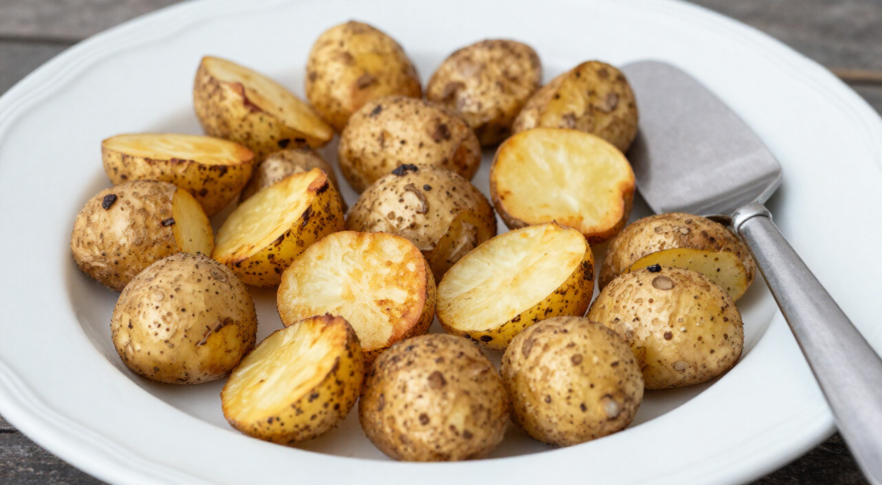 crispy roasted smashed potatoes on a white platter with a metal spatula