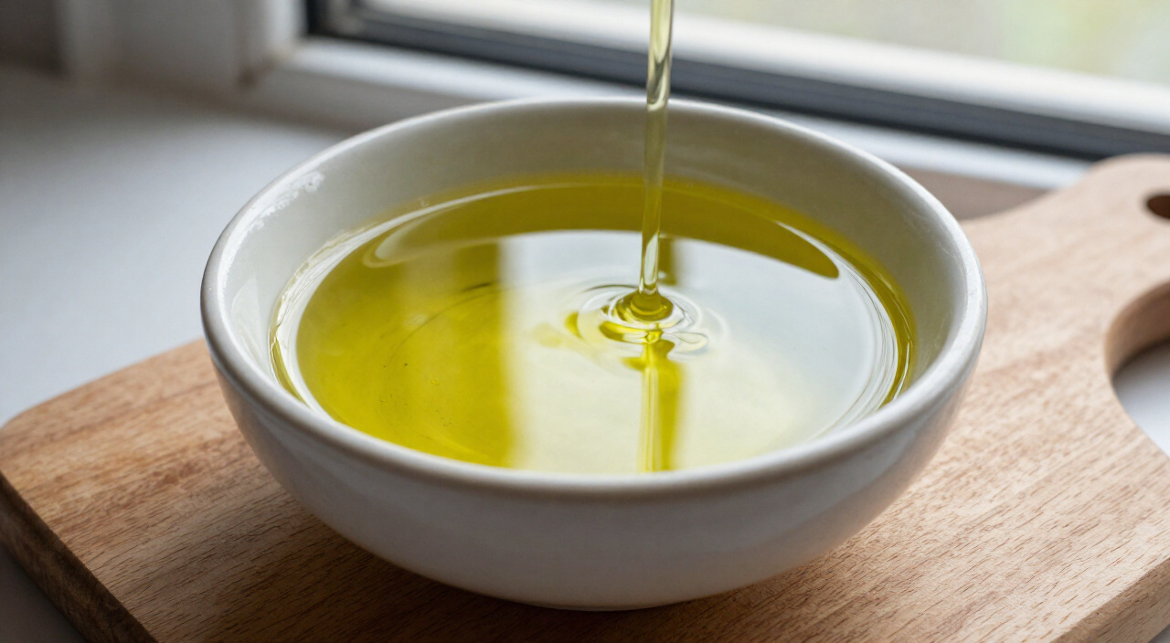 Extra-virgin olive oil in a small bowl on a wooden cutting board