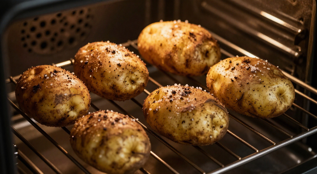 four russet potatoes baking directly on an oven rack