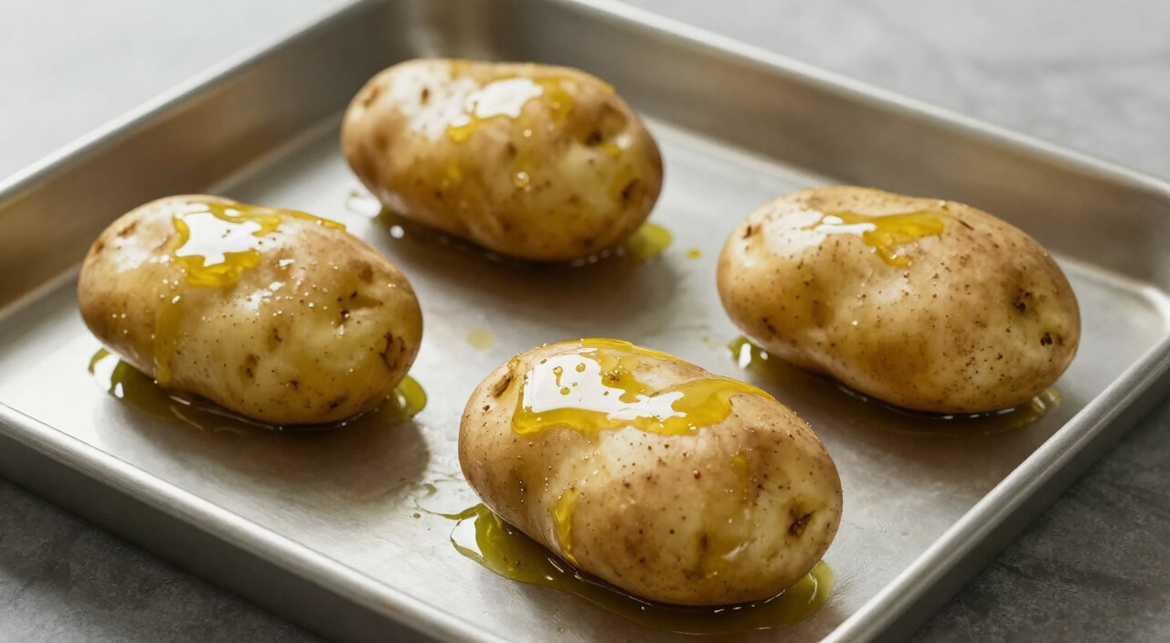 four russet potatoes coated in olive oil on a baking sheet