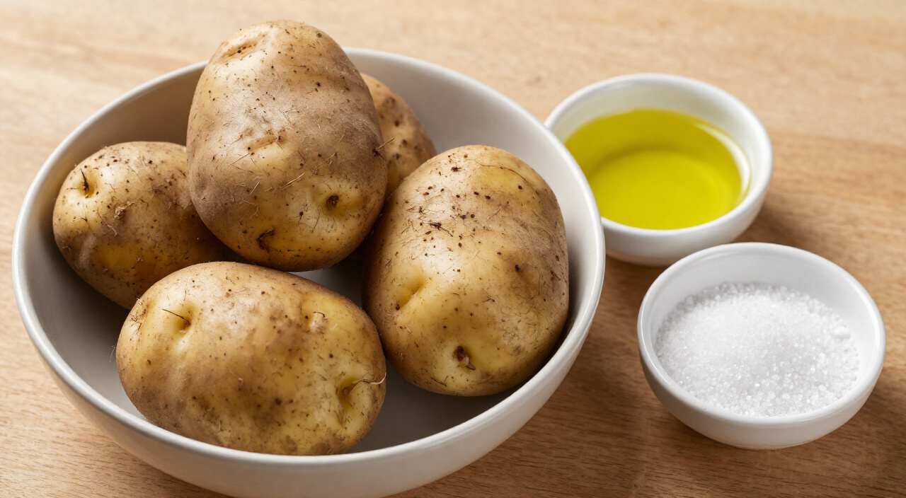 four russet potatoes, olive oil and kosher salt in separate bowls on a wooden counter