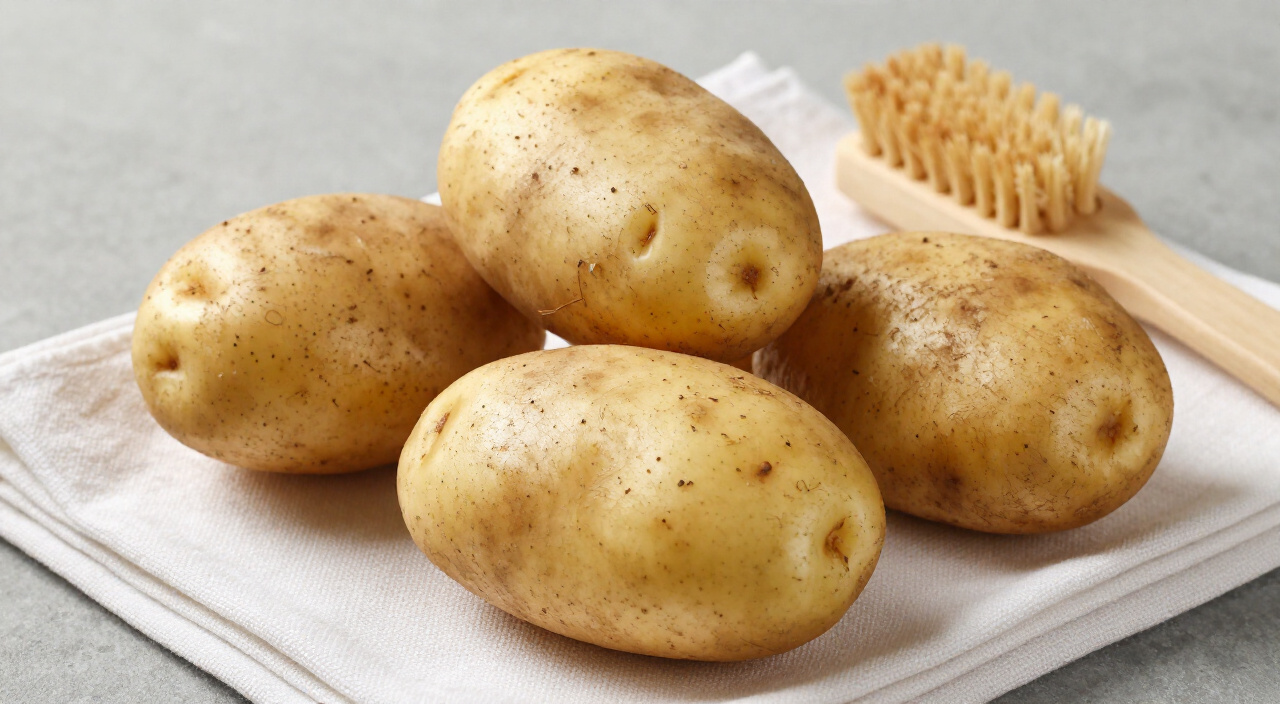 four scrubbed and dried russet potatoes on a kitchen towel