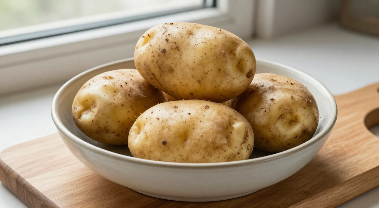 Four scrubbed, dry russet potatoes in a bowl on a wooden cutting board
