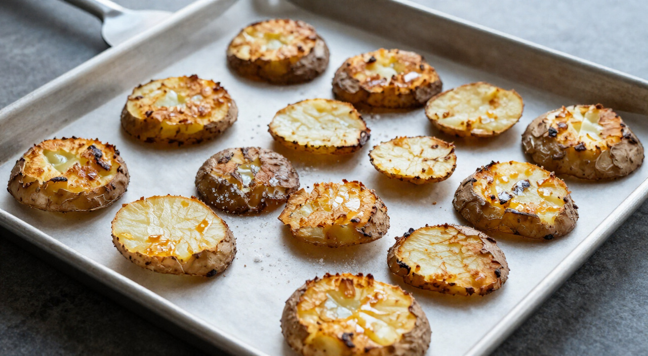 Golden crispy smashed potatoes on a parchment-lined baking sheet with a thin metal spatula