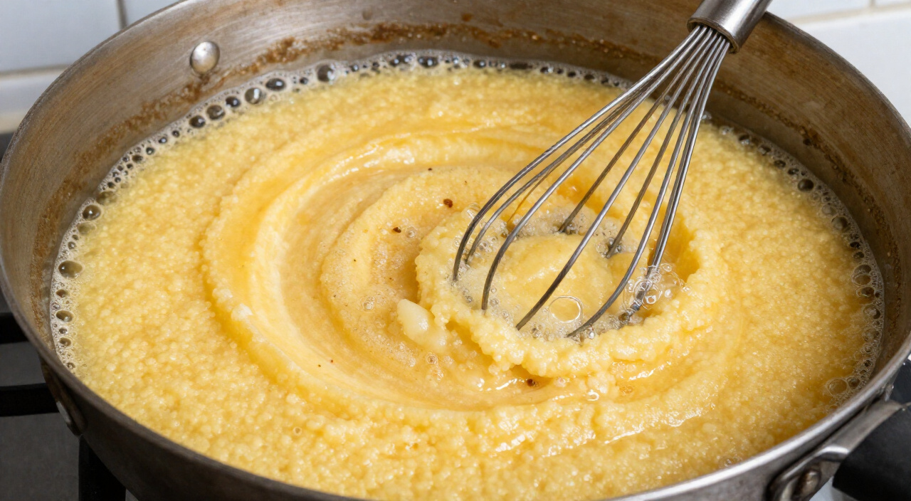 golden polenta thickening with slow bubbles in a saucepan and a whisk