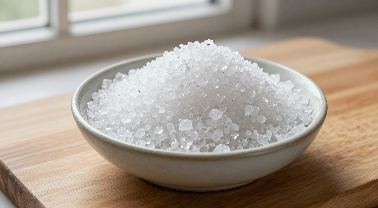 Kosher salt in a small bowl on a wooden cutting board