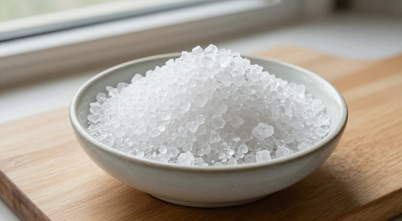 Kosher salt in a small bowl on a wooden cutting board