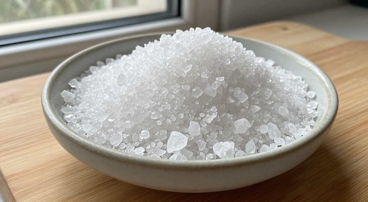 Kosher salt in a small ceramic bowl on a wooden cutting board