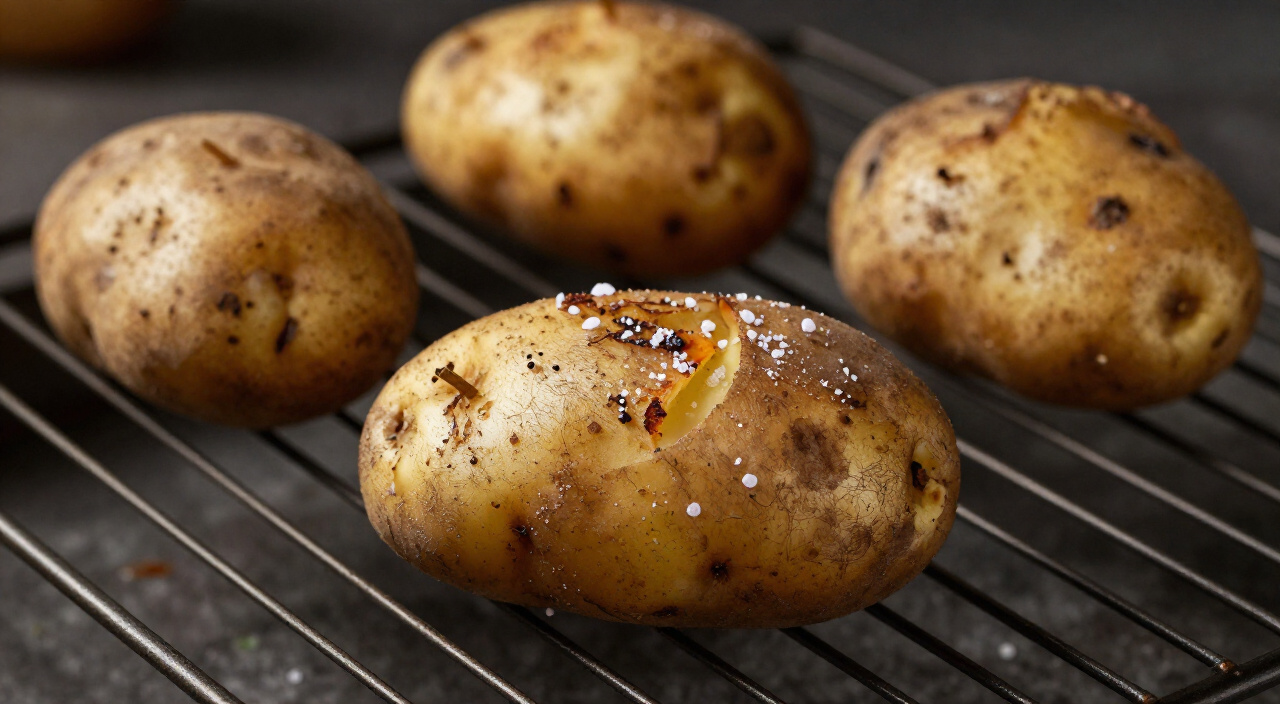 metal skewer piercing a crisp-skinned baked potato on an oven rack
