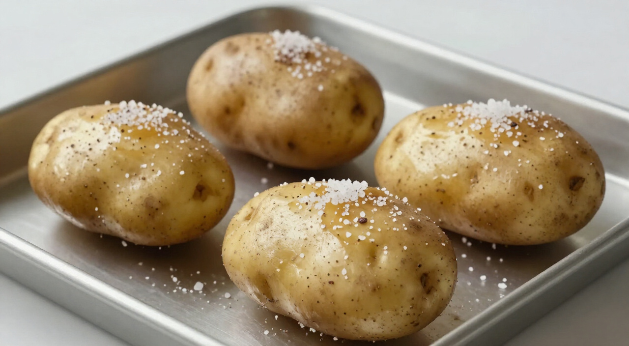oiled russet potatoes sprinkled with kosher salt on a baking sheet