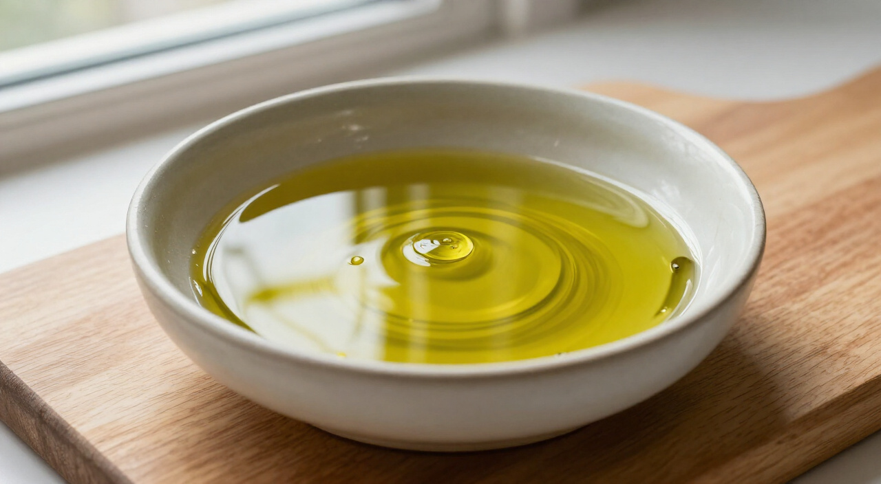 Olive oil in a small bowl on a wooden cutting board