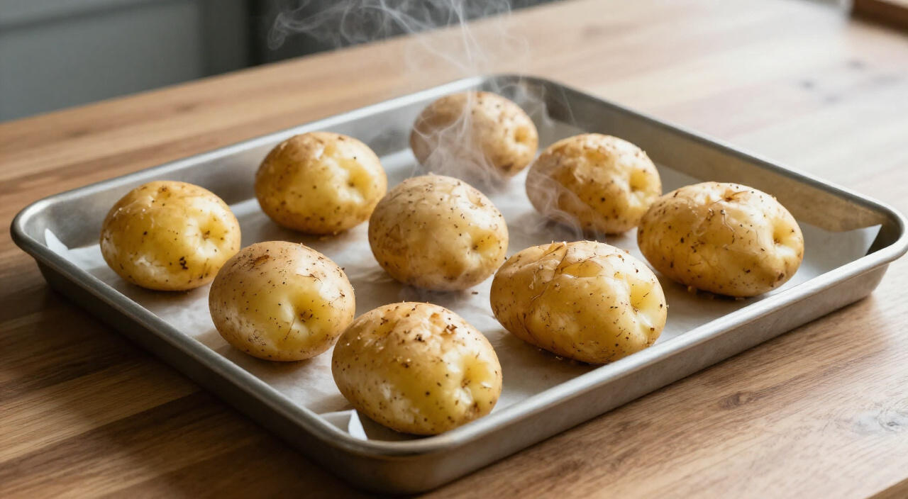 roasted baby potatoes resting on a baking sheet on a wooden counter