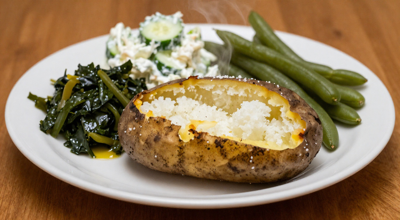 Salt-crusted baked potato plated with collard greens, cucumber dill salad, lemon green beans and coleslaw