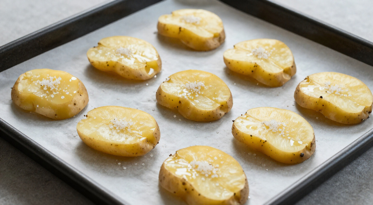 salted smashed potatoes on a parchment-lined baking sheet