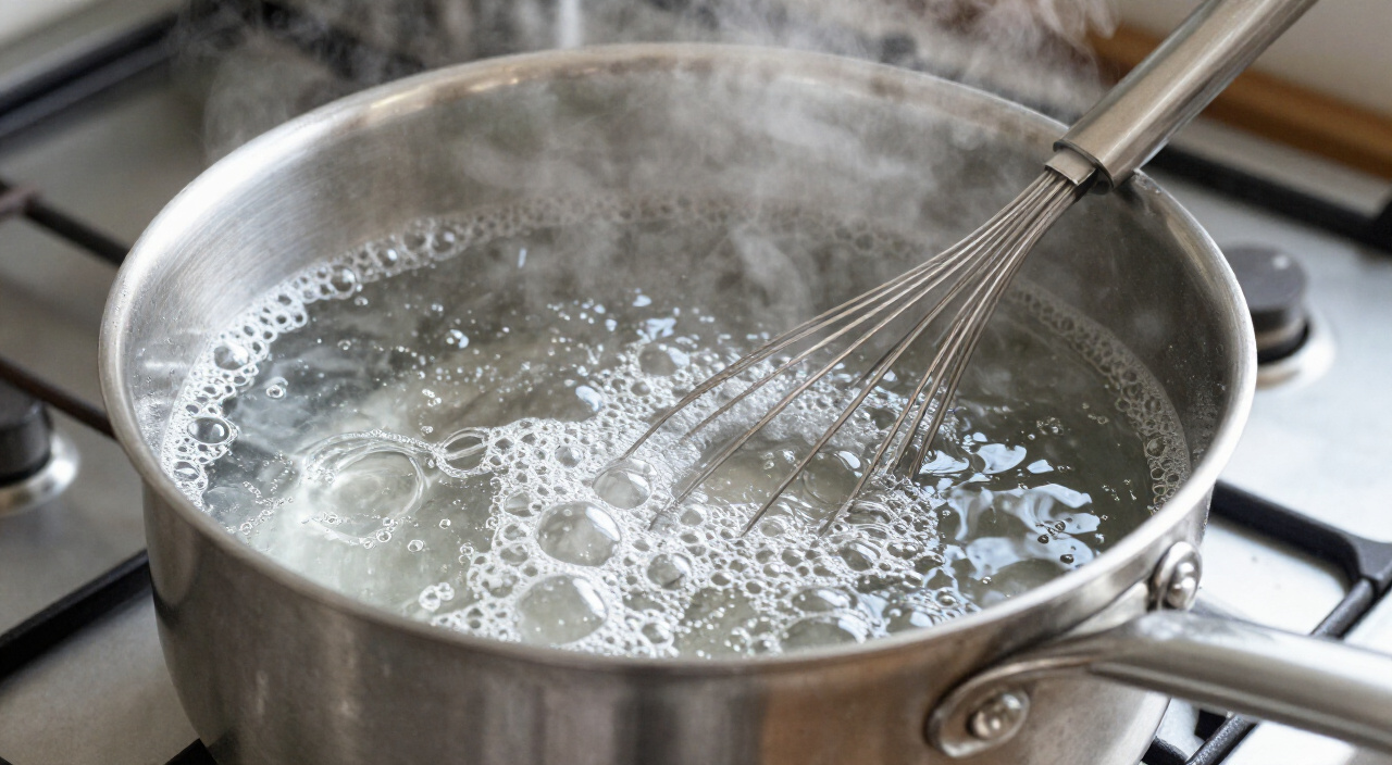 salted water at a rolling boil in a deep heavy saucepan with a whisk beside it