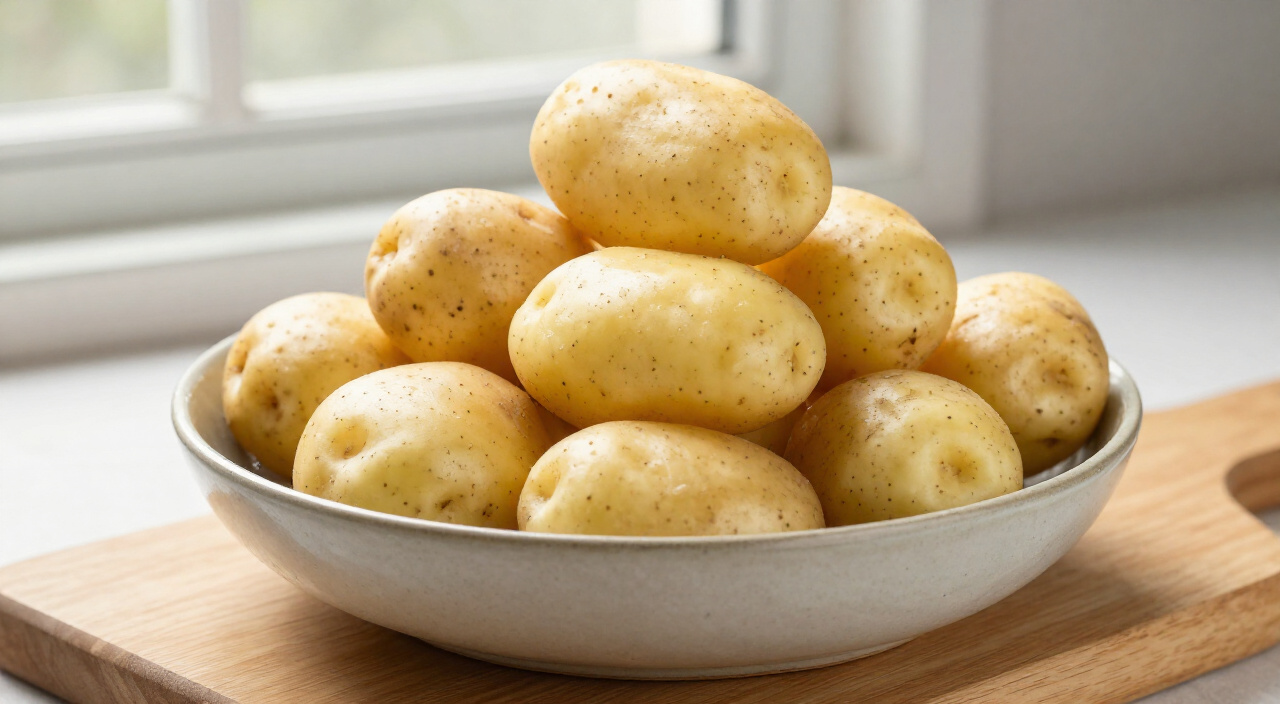 Scrubbed baby Yukon Gold potatoes in a bowl on a wooden cutting board