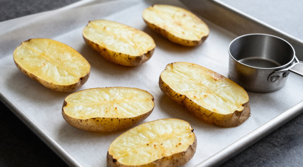Smashed baby Yukon Gold potatoes on a parchment-lined baking sheet beside a metal measuring cup
