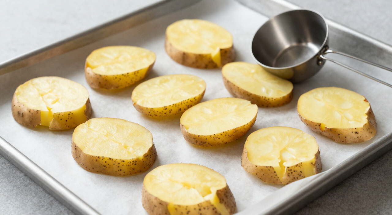 smashed baby Yukon Gold potatoes with ragged edges and a measuring cup on a baking sheet
