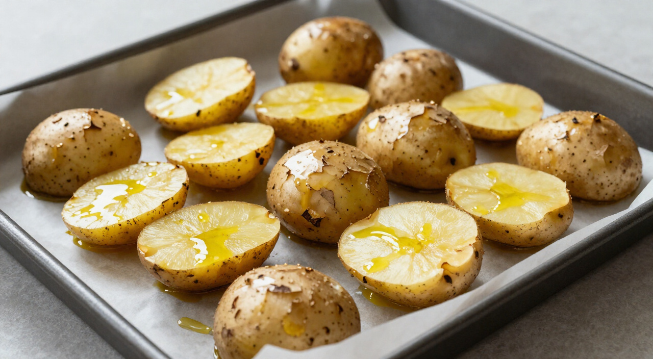 smashed potatoes drizzled with olive oil on a lined baking sheet
