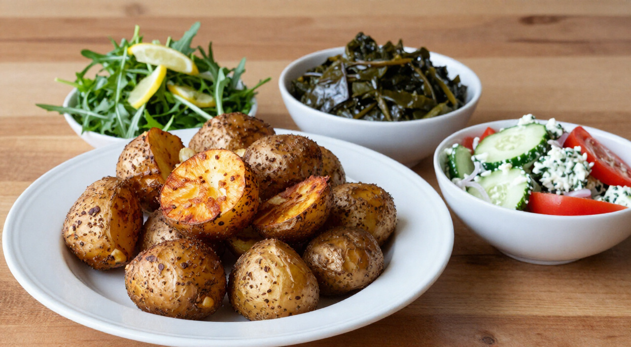 Smashed potatoes plated with arugula salad, collard greens, cucumber dill salad and tomato onion salad