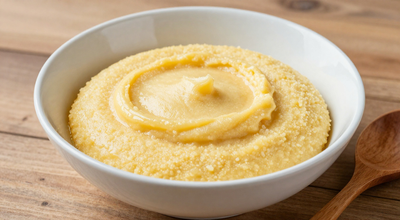 soft creamy golden polenta mounded in a white bowl with a wooden spoon