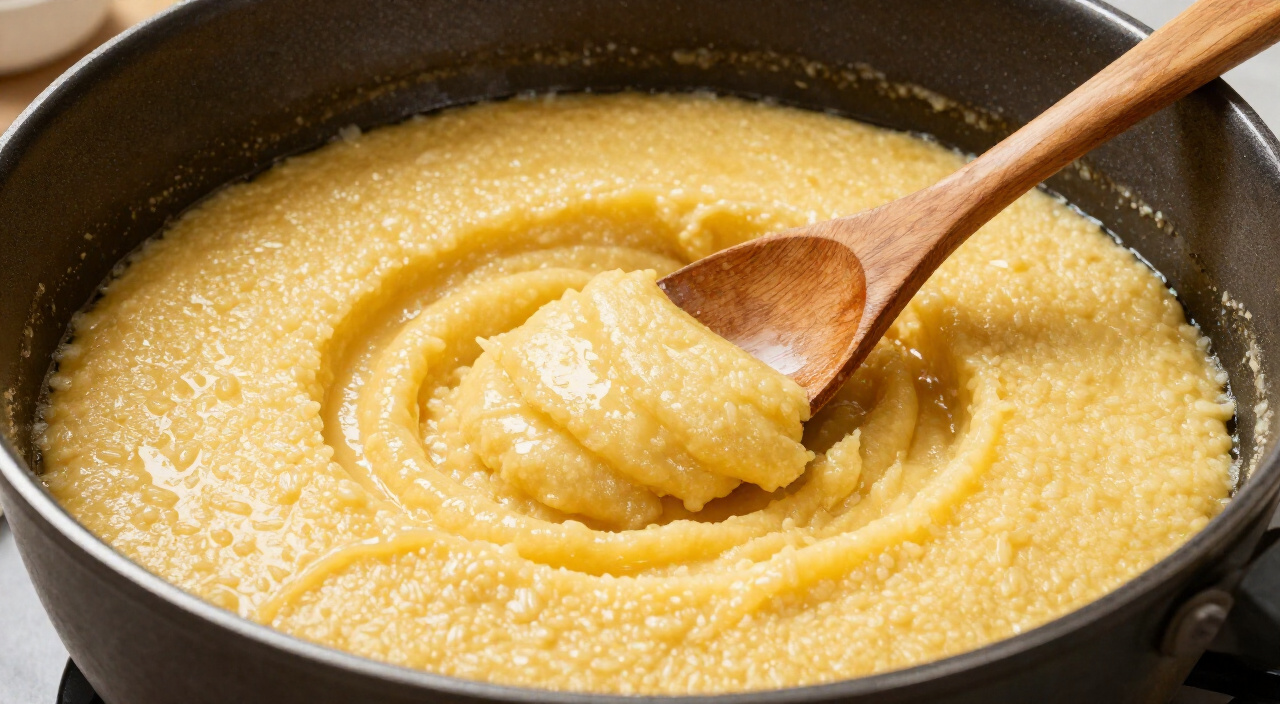 thick golden polenta pulling away from the sides of a pot with a wooden spoon