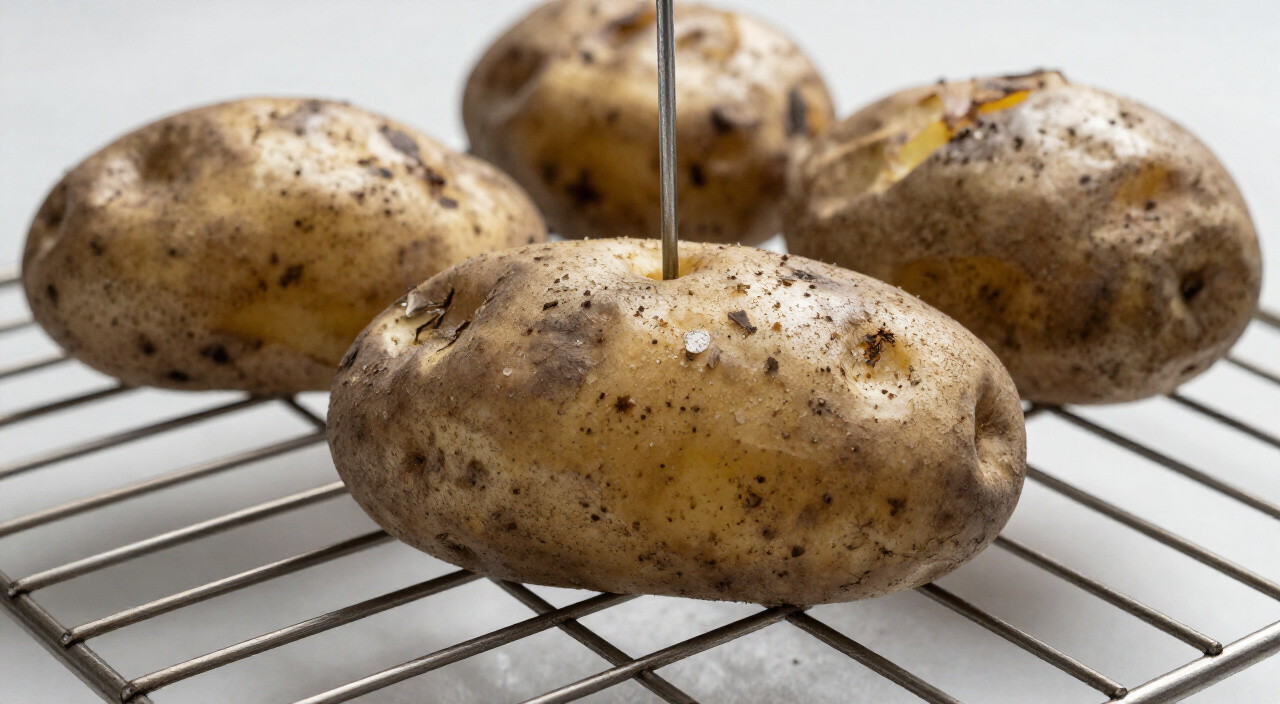 thin metal skewer pierced through a salt-speckled baked russet potato on an oven rack
