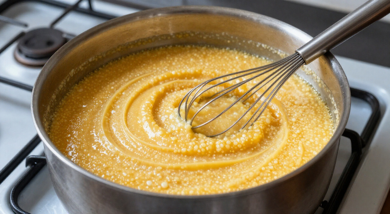 whisk resting in a deep heavy-bottomed pot of smooth golden polenta