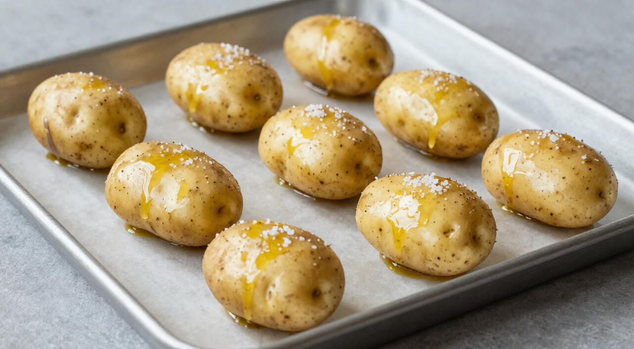 whole baby Yukon Gold potatoes coated in olive oil and salt on a lined baking sheet