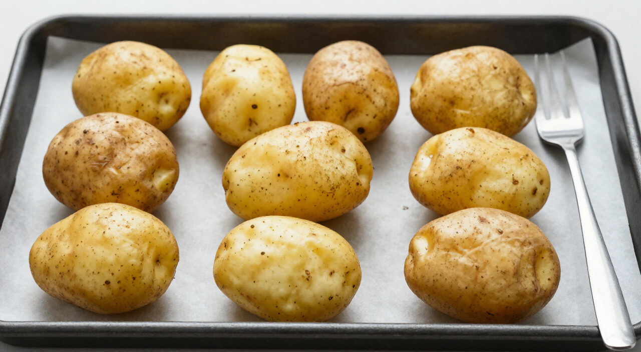whole roasted baby Yukon Gold potatoes with wrinkled skins and a fork on a baking sheet