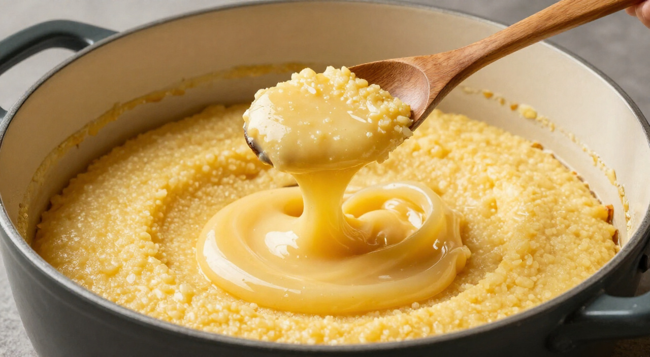 wooden spoon on a pot rim with creamy golden polenta dripping in a glossy ribbon
