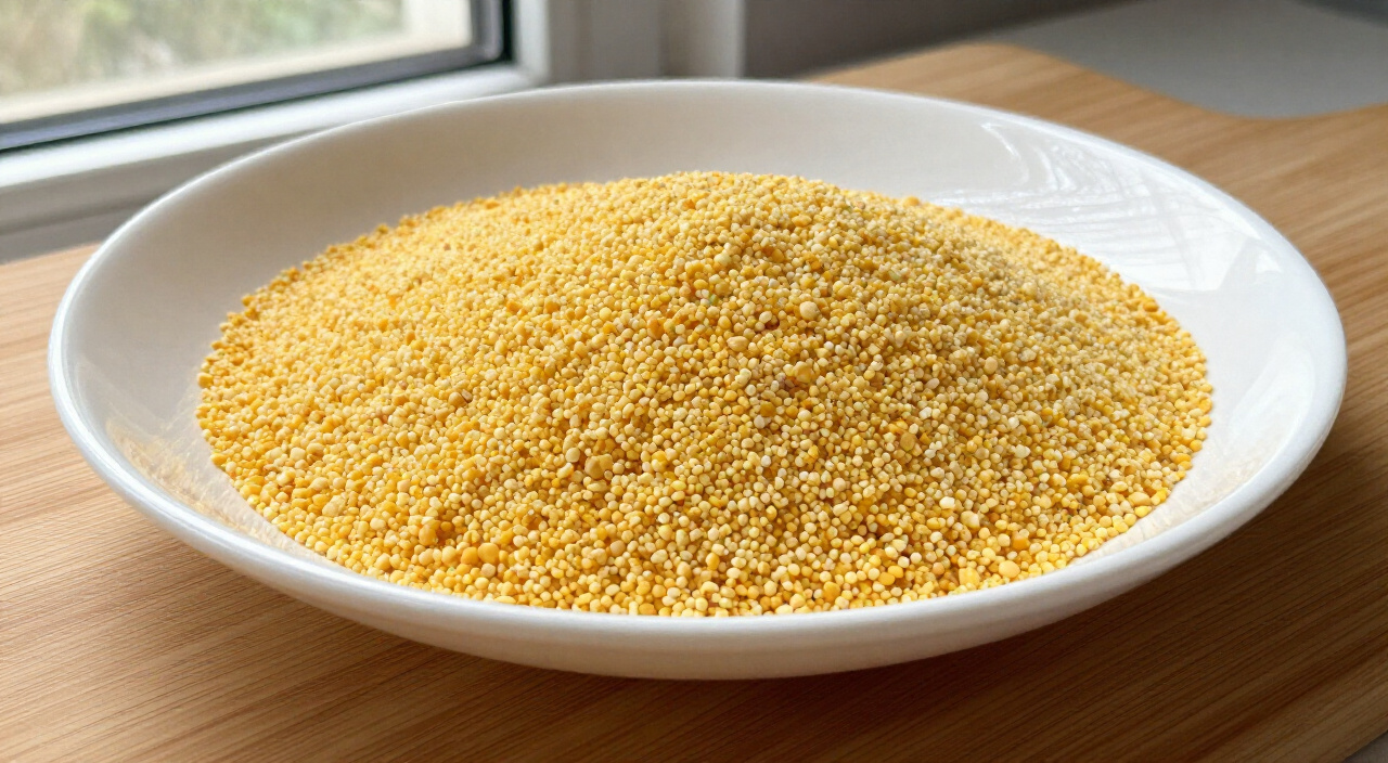 Yellow cornmeal in a shallow white saucer on a wooden cutting board