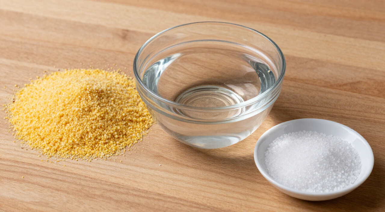 yellow cornmeal, water and kosher salt measured into bowls for polenta
